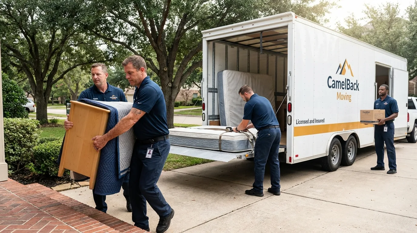 Crew loading residential truck for cross-state move from Forsyth, IL