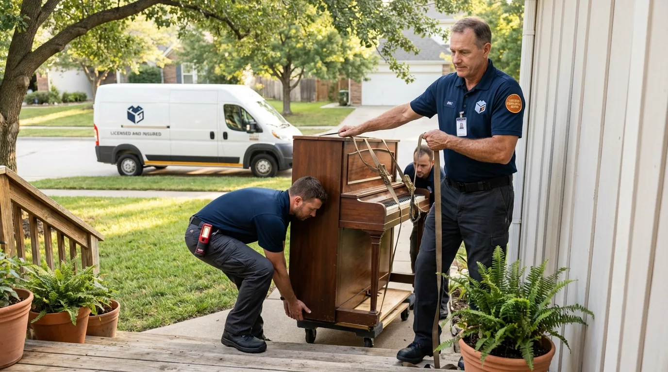 Licensed piano movers securing grand piano in Forsyth, IL