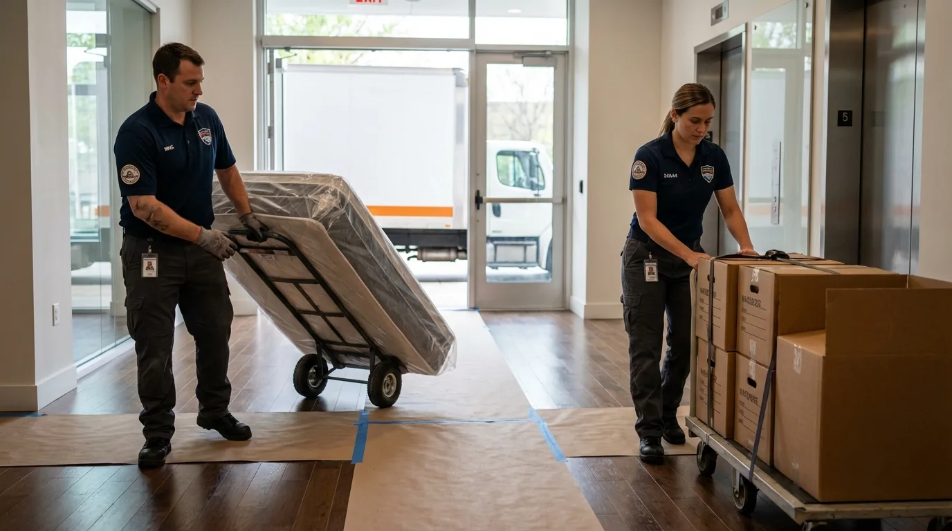 Professional apartment movers loading elevator in Forsyth, IL