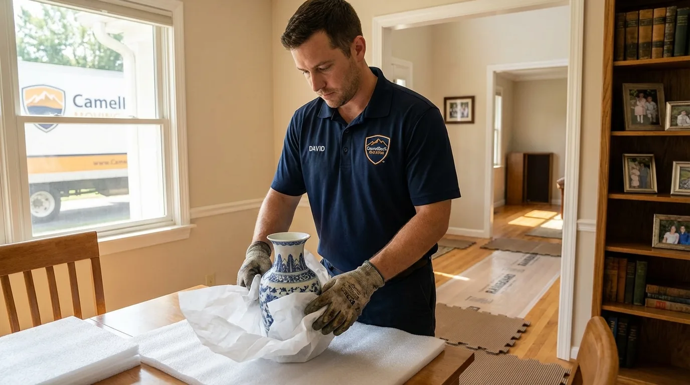 Professional crew carefully wrapping antique vase for senior downsizing move in Forsyth, IL